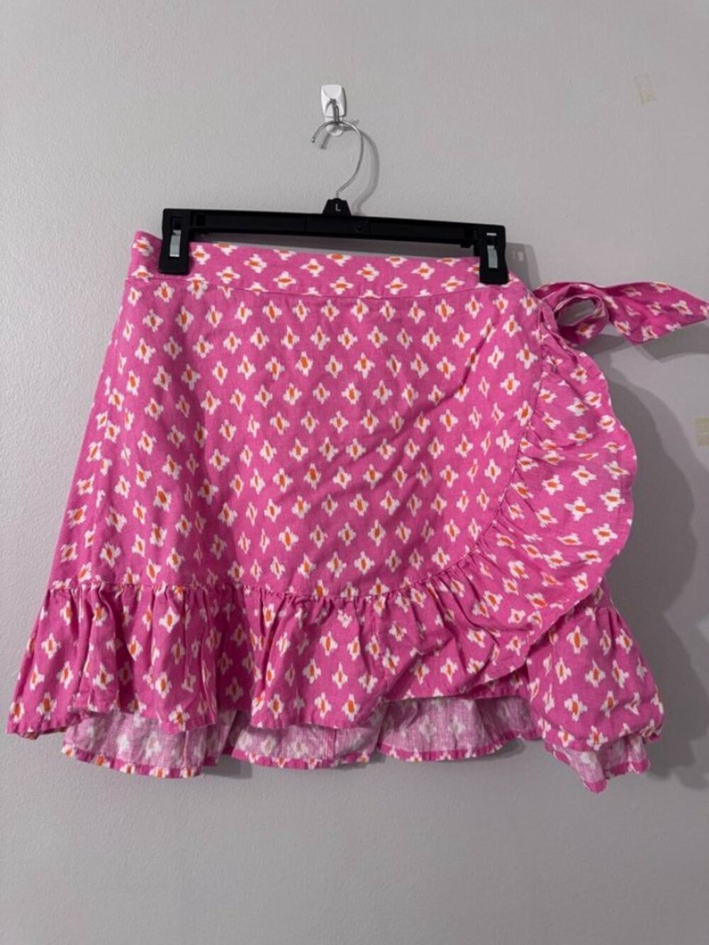 Aerie Size Large Pink Floral Wrap Skirt Linen Lyocell Ruffle Tie Mini Skirt